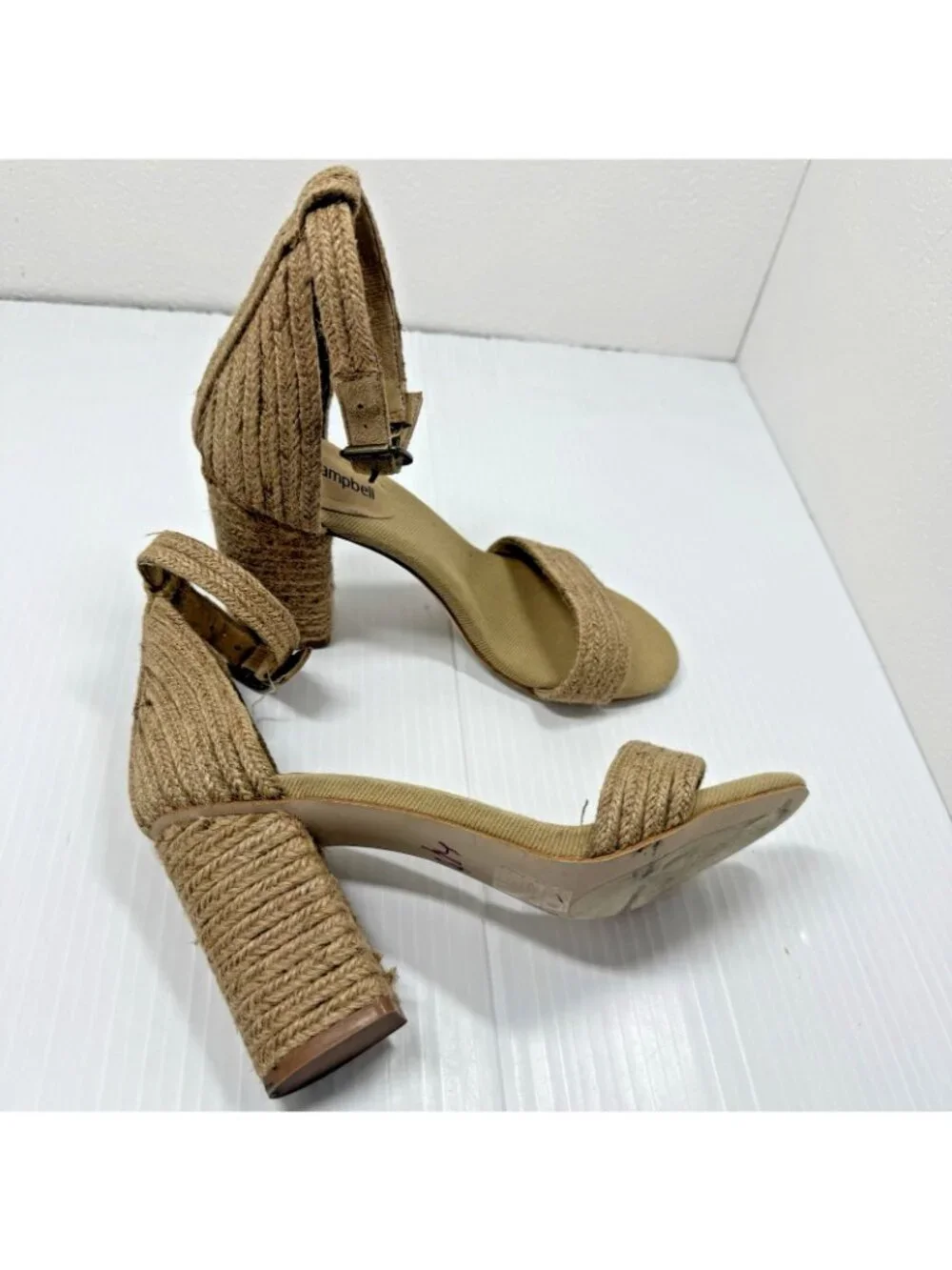 Jeffrey Campbell Espadrille Ankle Strap Sandals 7 Tan Beige Jute Block Heel Boho